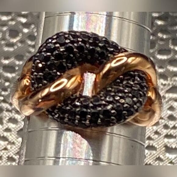 Bronze Black Crystal Pavé Love Knot Ring Size Approx US 10 Gold Tone Statement - Picture 2 of 6